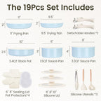 Chef Power Ceramic Nonstick Pots and Pans Set 19 Piece with Detachable Handle, Induction Dishwasher Oven Safe Cookware Set, RV Kitchen Set Removable Handle (Light Blue)