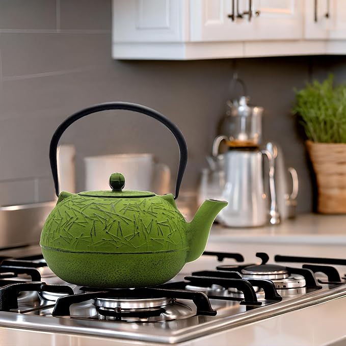 YJX 60.9oz Large Cast Iron Teapot, Big Tea Kettle for Stovetop Safe, Green Cast Iron Kettle Teapot with Stainless Steel Infuser for Loose Tea and Tea Bags(1800ml)