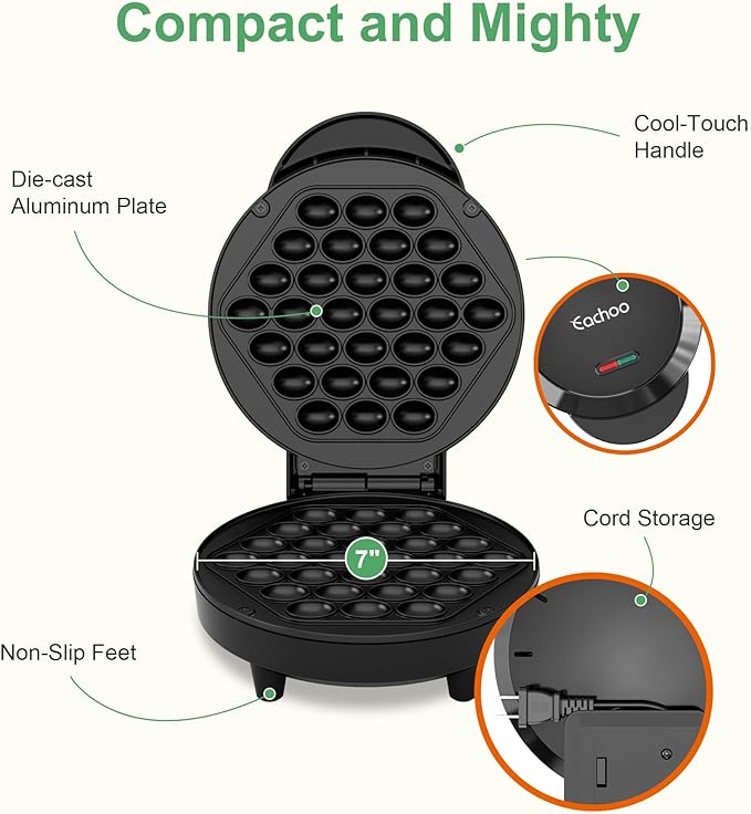 Bubble Waffle Maker, 1000W 7" Non-Stick Griddle, Hong Kong Egg Waffle Maker, Perfect for Creative Ice Cream Desserts