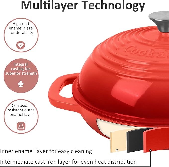 Enameled Cast Iron Dutch Oven with Lid – Non-Stick Bread Pot for Baking, Braising, and Stews – Heavy-Duty Ovenproof Casserole Cookware (Red, 5 QT)