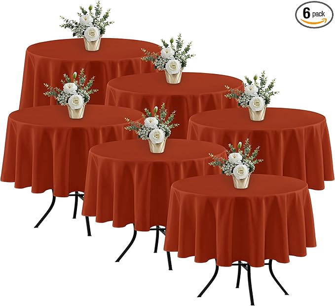 Fitable 6 Pack Rust 70 Inch Round Tablecloth - Stain Resistant and Washable Table Cover, Polyester Fabric Table Cloth for Wedding, Party, Banquet, Formal Events