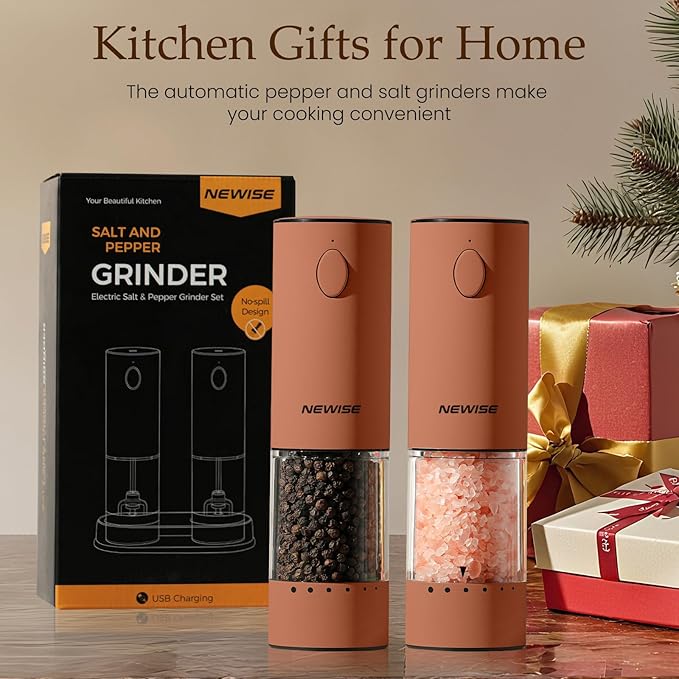 Electric Salt and Pepper Grinder Set Rechargeable with LED Lights, Automatic Pepper & Salt Mill, Adjustable Coarseness, Large Capacity, Brown