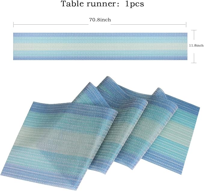 PIGCHCY Placemats Set of 6 and Table Runner,Heat Resistant Vinyl Woven Washable Table mats Sets (6 Placemats+1 Table Runner, Coastal Blue)