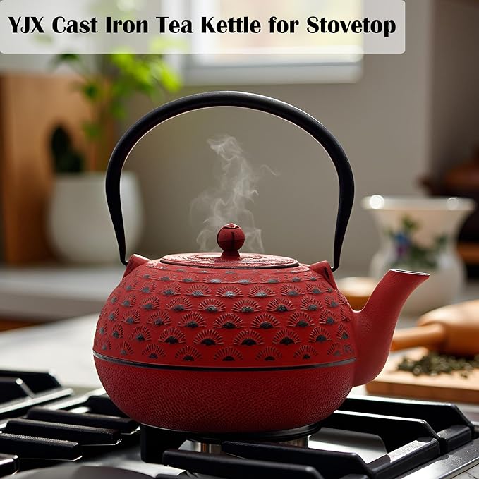 YJX 60.9 fl oz Cast Iron Teapot, Large Tea Kettle for Stove Top, Red Tea Pot with Stainless Steel Infuser for Loose Tea, 1.8L Japanese Enameled Metal Teapot