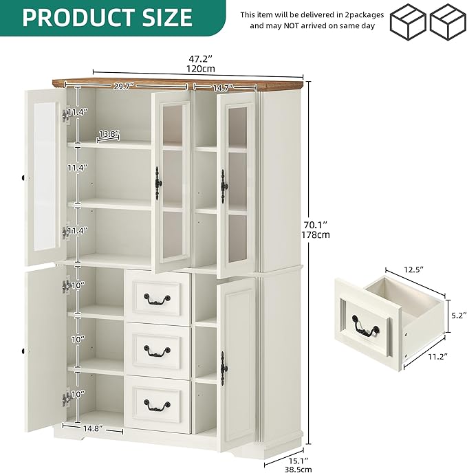 YITAHOME 71" H x 47" W Kitchen Pantry with 3 Drawers, Large Storage Cabinet with 3 Glass Doors & Adjustable Shelves, Freestanding Tall Display China Cabinet for Living & Dining Room, White
