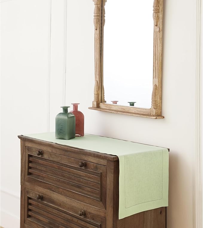 Solino Home Linen Table Runner 36 Inches - 100% Pure Linen Sage Green Hemstitch Table Runner 14 x 36 Inch Ideal for Dresser and Coffee Tables - Summer, Fall, Autumn - Classic Hemstitch