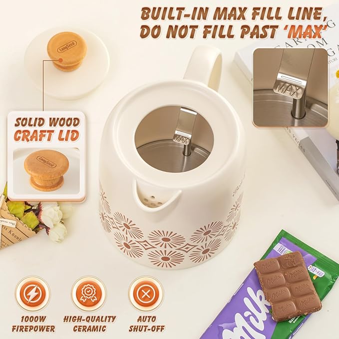 Ceramic Electric Kettle 1 Quarts, Automatic Shut Off, Porcelain Teapot, Hot Water Electric Boiler with LED Light, Boil Dry Protection, Short Spout 1000W Rapid Boiling Water for Tea Coffee