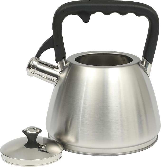 Mr. Coffee Armidale 2.5QT Whistling Tea Kettle, Large Brushed Stainless Steel Kettle for Stovetop, Durable Fast-Boil Tea Pot