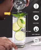LUNA & MANTHA Highball Glasses Set of 6, 13 OZ Drinking Glasses, Lead-Free Crystal Water Glass, Tall Glass Cups for Cocktail, Tom Collins, Mojito, Mixed Drink, Kitchen and Bar Glassware