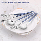 Mirror Silver Blue Silverware Set, 20-Piece Stainless Steel Flatware Set, Satin Finish tableware Cutlery Set, Service for 4, Home and Restaurant, Dishwasher Safe