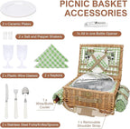 Picnic Basket for 2, Insulated Willow Picnic Baskets with Shoulder Strap, Picnic Hamper with Waterproof Picnic Blanket, Handmade Wicker Hamper for Outdoor Camping, Green Check