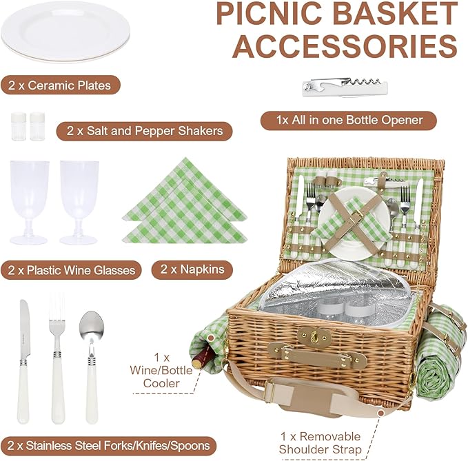 Picnic Basket for 2, Insulated Willow Picnic Baskets with Shoulder Strap, Picnic Hamper with Waterproof Picnic Blanket, Handmade Wicker Hamper for Outdoor Camping, Green Check