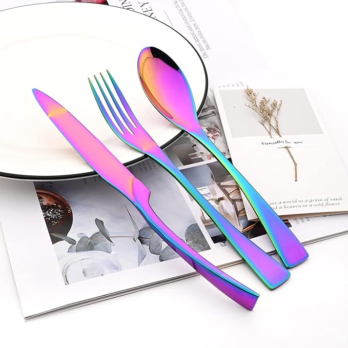 Rainbow Tableware 20Pcs Mirror Polished 18/10 Stainless Steel Luxury Flatware - Heavy Cutlery Set Service For 4 Include Knives/Forks/Spoons/Salad Fork/Teaspoon, Dishwasher Safe