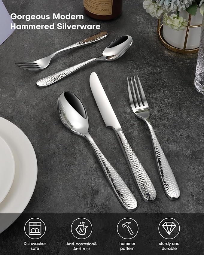 Hammered Silverware Set, Ollex 40-Piece Flatware Set for 8 Mirror Finish Stainless Steel Eating Utensils Sets Include Forks Spoons and Knives Tableware Kitchen Cutlery Sets, Dishwasher Safe