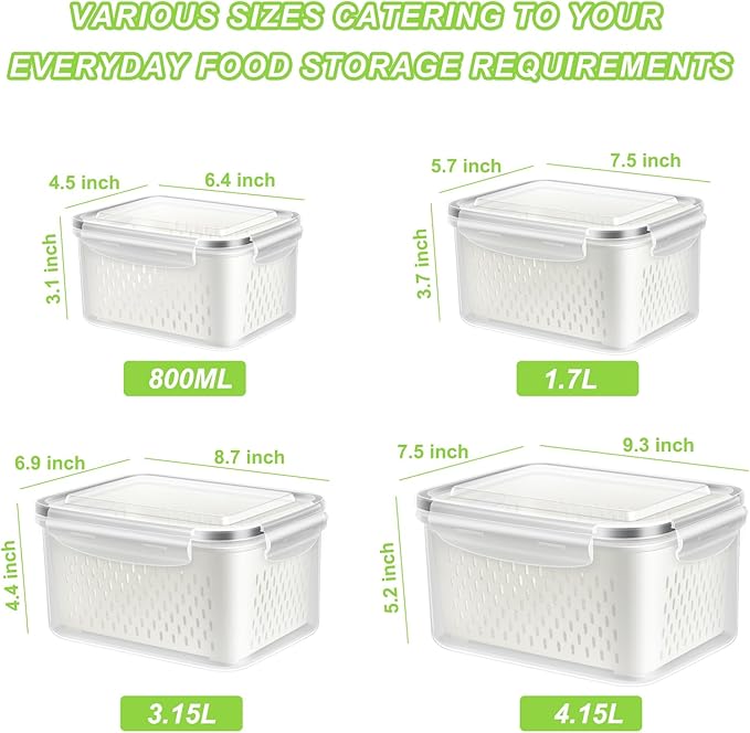 Fruit Storage Containers for Fridge, 4 Pack Produce Saver Vegetable Container with Drain Colanders - Refrigerator Organizer for Lettuce Keepers Berry Container