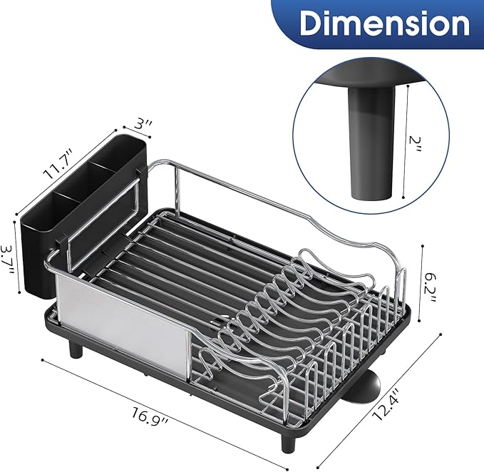 Stainless Steel Dish Drying Rack - Large Capcity 304 Grade Dish Drainer for Kitchen Counter with Drain Board, Utensil Holder & Detachable Cup Shelf, Rustproof Multifunctional Organizer
