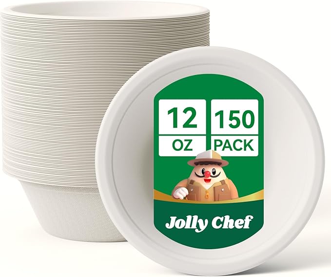 JOLLY CHEF Compostable Disposable Paper Bowl [12 oz] Heavy Duty Soup Containers [150 Pack] Biodegradable Bagasse Hot Cold Food Eco-Friendly Sugarcane Microwavable Bowls for Salad Dessert Milk Cereals