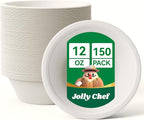 JOLLY CHEF Compostable Disposable Paper Bowl [12 oz] Heavy Duty Soup Containers [150 Pack] Biodegradable Bagasse Hot Cold Food Eco-Friendly Sugarcane Microwavable Bowls for Salad Dessert Milk Cereals