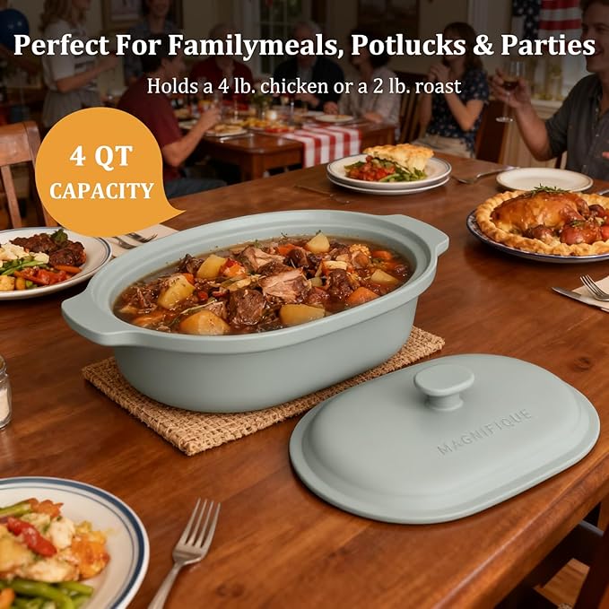 MAGNIFIQUE Casserole Dishes for Oven, 9x12 Porcelain Baking Dish, 4 Quarts Lasagna Pan with Handles and Lid, Oven Safe up to 500°F or on Stovetop, Use to Marinate, Cook, Bake, and Serve, Olive