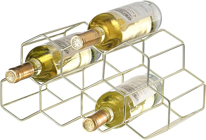 Countertop Wine Rack - 9 Bottle Freestanding Modern Gold Metal Small - 2 Tier Tabletop Wine Holder Stand for Cabinet, Pantry - Wine Racks Countertop - No Assembly Required