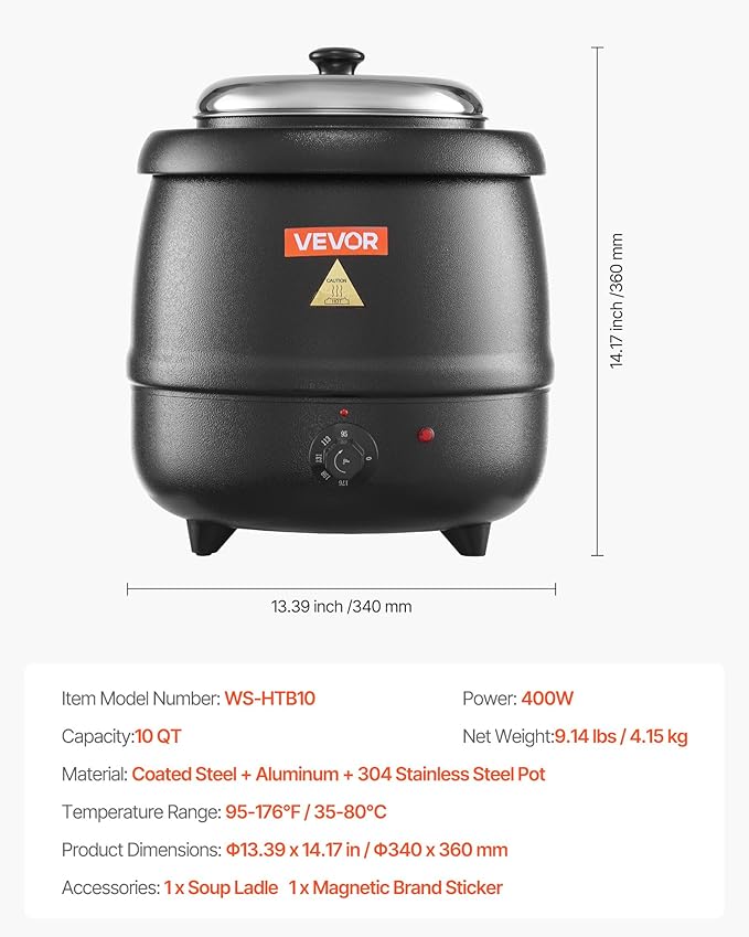 VEVOR Electric Soup Warmer, 10QT Commercial Soup Kettle with 304 Stainless Steel Detachable Insert Pot, 95~176°F Adjustable Temperature, Soup Station for Restaurant and Big Family, Black