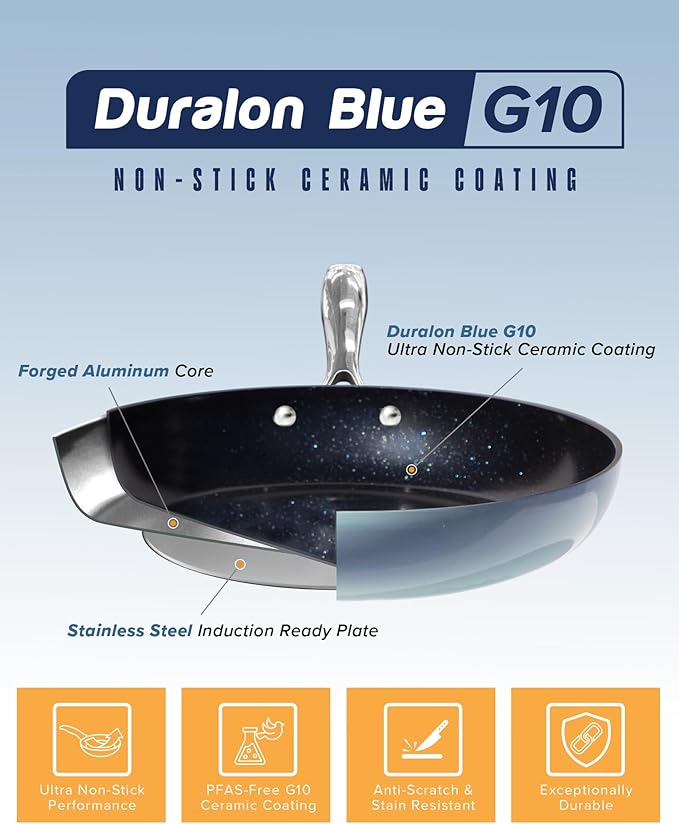 Nuwave Lux 13-Piece Premium Cookware Collection, Healthy G10 Duralon Blue Ceramic Nonstick, Ultra Durable, PFAS-Free, Lightweight & Works on All Cooktops