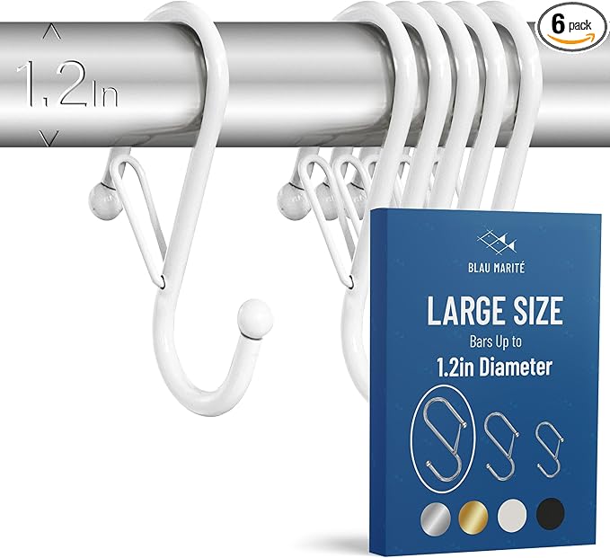 6-Pack Metal S Hooks for Hanging – Heavy-Duty S-Shaped Hook with Safety Buckle – Fits Bars up to 1.2 in – Anti-Drop S-Hooks for Closet, Wardrobes & Storage – White (Large)