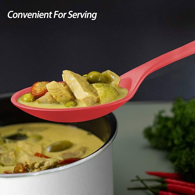 Silicone Spoons for Cooking - Extra Large Kitchen Spoons for Mixing, Serving, & Stirring - 600°F Heat-Resistant Non Stick Utensils Ladle & Skimmer- Dishwasher Safe, Red