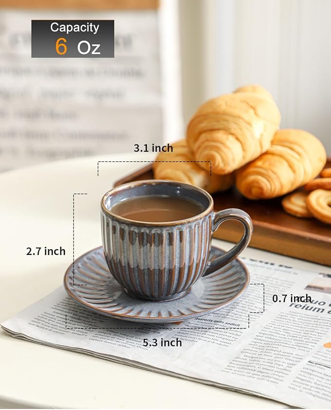 Hasense 6 Oz Cappuccino Cups with Saucers Ceramic, Ribbed Espresso Cups Set of 4 for Coffee,Tea,Latte and Macchiato, Aesthetic Gift for Anniversary or Holiday, Mix-Color