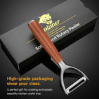 Premium high-end rosewood handle and 304 stainless steel serrated blade - ultra-sharp KULUNER Y-shaped rotary peeler for potatoes, fruits and vegetables, ergonomically designed for easy peeling