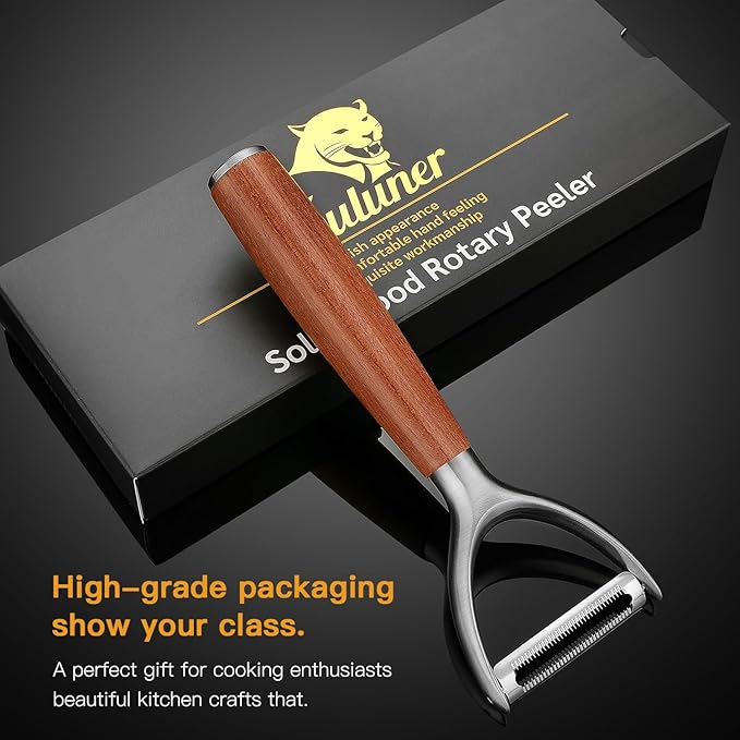 Premium high-end rosewood handle and 304 stainless steel serrated blade - ultra-sharp KULUNER Y-shaped rotary peeler for potatoes, fruits and vegetables, ergonomically designed for easy peeling