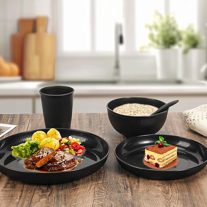 OAMCEG Wheat Straw Dinnerware Set | 42 pcs Plates and Bowls Sets for Kitchen & Camping | Wheatstraw Dinnerware Set Black dish set for 6 (Includes Dinner Plates, Bowls, Cups & Cutlery)