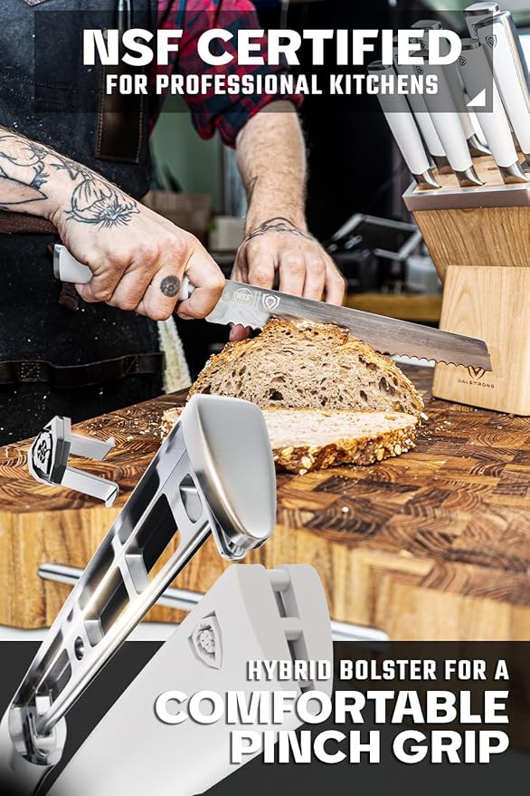 Dalstrong Knife Block Set - 8 Piece - Vanquish Series - Forged High Carbon German Steel - Kitchen Knife Set - Premium Wood Block - White POM Handle - NSF Certified