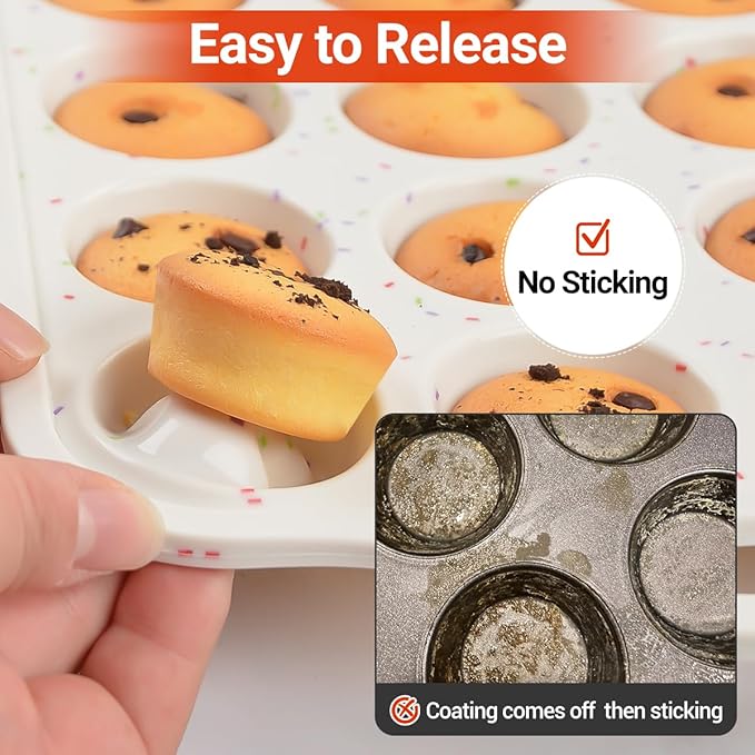 Silicone Muffin Pans for Baking, Metal Reinforced Frame Regular 12 Cups & Mini 24 Cups Cupcake Pan Set Nonstick Muffin Pan for Homemade Baking Easy to Handle