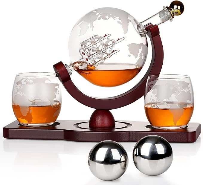 PONPUR Gifts for Men Dad Christmas, Whiskey Decanter Globe Set with 2 Ball Stones & 2 Glasses, Anniversary Birthday Gifts for Him Husband Boyfriend Brother, Cool Stuff Gift for Bourbon Scotch