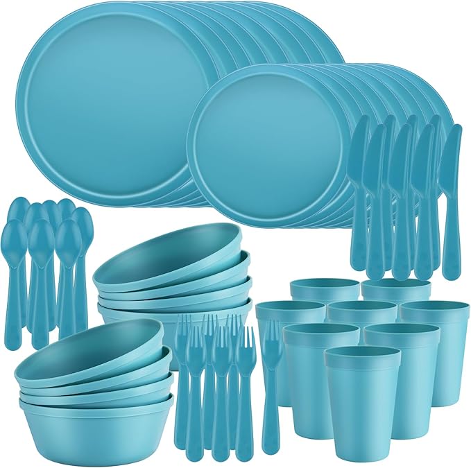 Plastic Dinnerware Sets – 40-Piece Blue Plates and Bowls Sets, Unbreakable, Reusable Dishes Set for 8 with Cups, Knives, Forks and Spoons, for Camping and Outdoor Use