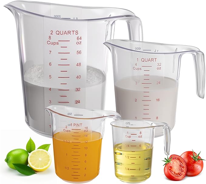 DaYammi Measuring Cups 4-Piece, Unbreakable Food-Grade Plastic Measuring Cup for Dishwasher, 1/2/4/8-Cup Nesting Liquid Measuring Cups for Prepping, Baking, Cooking, Readable Markings, Clear