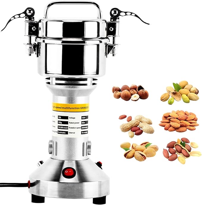 High Speed 150g Electric Grain Mill Grinder Powder Machine Spice Herb Grinder 850W 70-300 Mesh 28000RPM Stainless Steel Commercial Grade for Kitchen Herb Spice Pepper Coffee (150g)