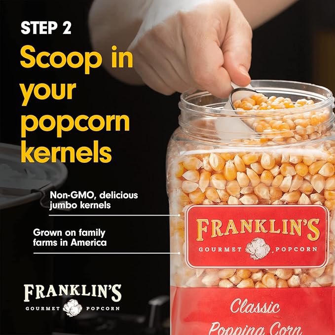 Franklin's Gourmet Popcorn - Movie Night Bundles - Whirley Popper, 28 oz. Organic Popcorn Kernels, 19 oz. Butter Flavored Salt, 30 oz. Butter Flavored Coconut Oil