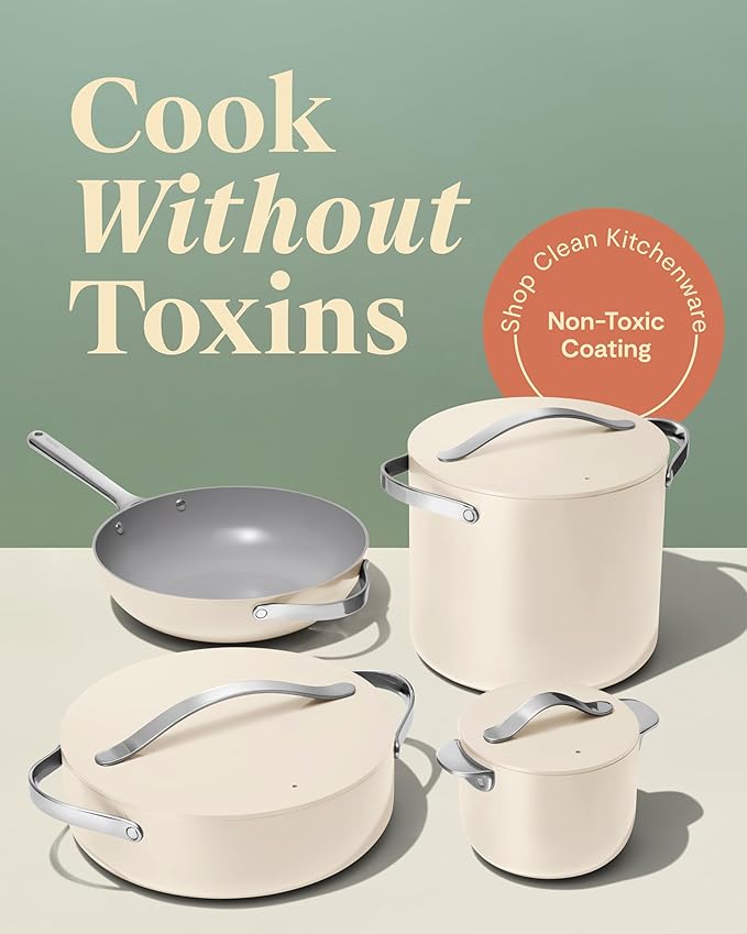 Caraway Cookware+ Collection - Specialty Cookware Set - Petite Cooker, Stir Fry Pan, Rondeau, & Stock Pot - 3 Lids & Storage Organizer Included - Sage