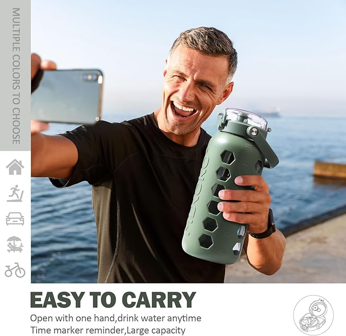 MUKOKO Half Gallon/64 oz Glass Water Bottles with Straw and Lid,Motivational Water Jug with Time Marker Reminder and Silicone Sleeve,100% Leakproof BPA Free Fitness Sports Large Bottle-Olive