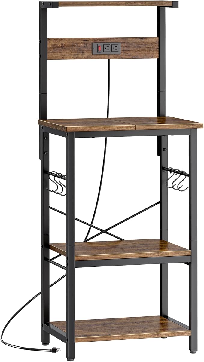SUPERJARE 4 Tier Bakers Rack with Power Outlets, Microwave Stand with Adjustable Shelf, Kitchen Shelf Organizer for Small Space, Coffee Bar with 6 S Hooks, Kitchen Storage Rack, Rustic Brown