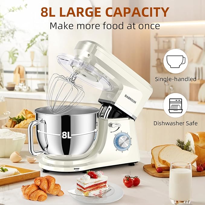 Dough Mixer 8.45 QT Electric Mixer - 660W 6 Speed Large Capacity Kitchen Stand Mixer with Whisk Dough Hook Mixing Beater Household Food Mixer for Baking Cakes Cookie Bread Salad (White)