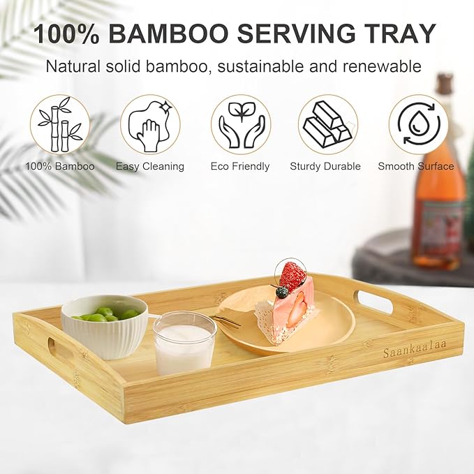 Bamboo Serving Tray with Handles Set of 2, Elegant Wood Tray for Serving Food, Coffee, or Decoration- Suitable for Living Room, Kitchen, Bedroom, Bathroom and BBQ, Picnic