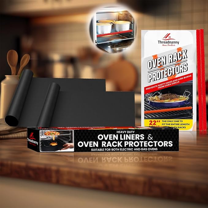 Oven Liners for Bottom of Oven Black (2-pack) Bundled with Rack Shield (2-pack) - Large Mat for Bottom of Stove (17"x 25") and 22" Red Range Guards for Racks - Reusable & Heat Resistant