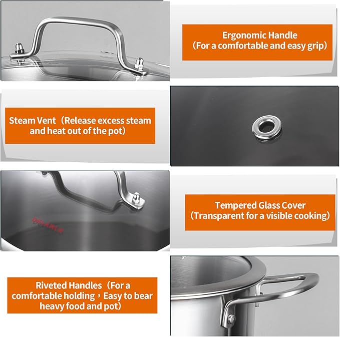 DELARLO Tri-Ply Stainless Steel 8 Quart Stock Pot, Heavy-Duty, All Stove Compatible, Up to 600℉ Soup Pot with Lid, 18/10 Induction Big Stockpot with Lids, Large Stainless Steel Induction for Cooking