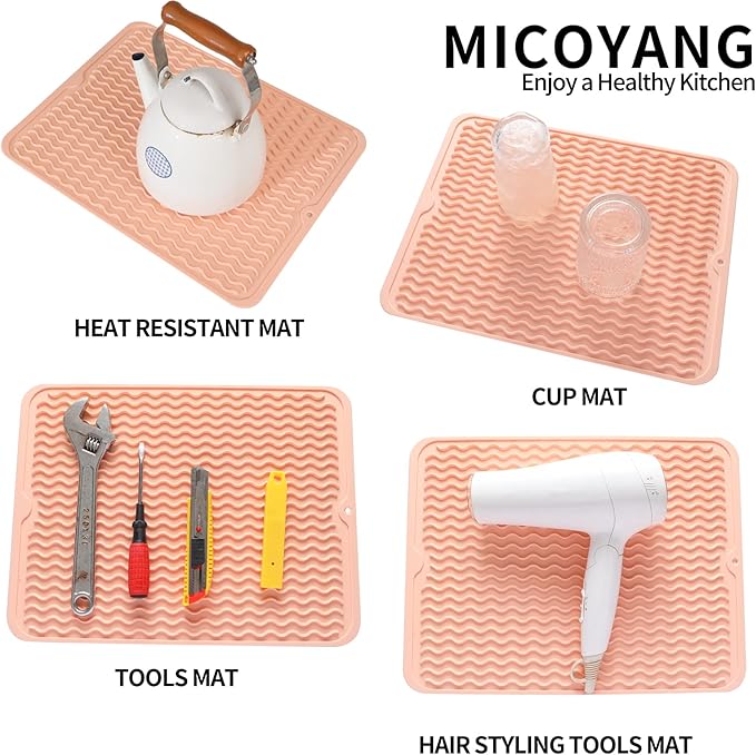 Silicone Dish Drying Mat for Multiple Usage,Easy clean,Eco-friendly,Heat-resistant Silicone Mat for Kitchen Counter or Sink,Refrigerator or drawer liner Pink L 16 inches x 12 inches