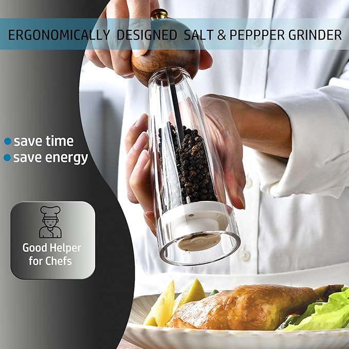 Pepper Mills, Classic Manual Transparent Pepper Grinder & Salt Mills 2Pcs 8in，Solid Wood Hand Shaker Rotor Pepper Salt Grinder ，Ceramic Core With Adjustable Coarse Mill for Various Spices