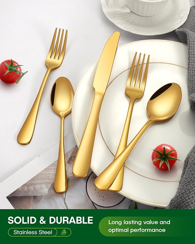 20 Piece Gold Silverware Set, Stainless Steel Flatware Set for 4 Food Grade Cutlery Utensil Set Include Knife Fork Spoon Mirror Polished Dishwasher Safe