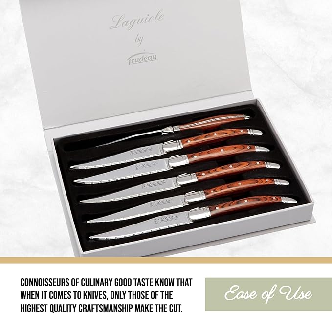 Trudeau Laguiole Steak Knives Set of 6 – Premium Stainless Steel Serrated Blades with Pakkawood Handles – Dishwasher Safe Steak Knife Set for Dinner, BBQ, or Gifting – Rustic Elegant Design